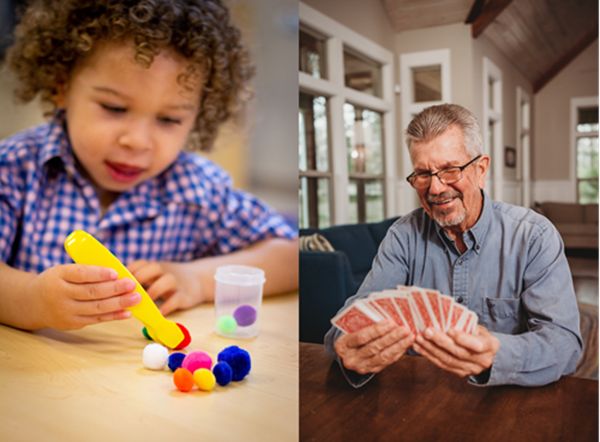 Left: A young boy picks up an object using large tweezers. Right: An older man holds playing cards fanned out in his hands.