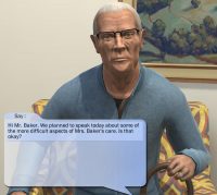 An older adult man sits in a room. A dialog bubble overlays the image.