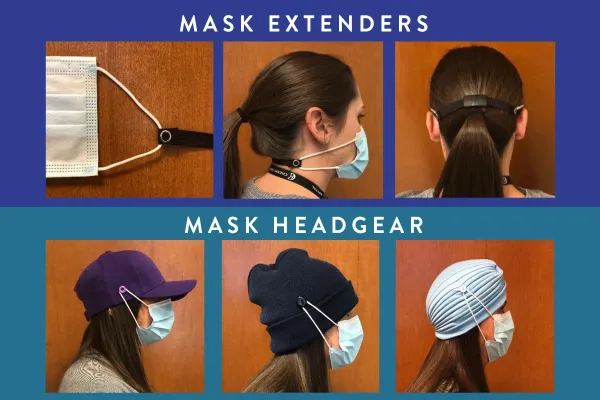 Image 1: A face mask with an extender. Images 2 & 3: A model wears a mask with an extender. Images 4 to 6: A model wears mask headgear.